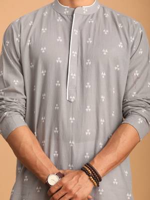 Grey And White Cotton Kurta Pyjama Set 4