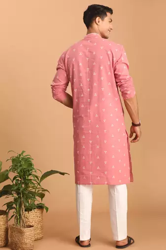 Pink And White Cotton Kurta Pyjama Set