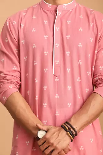 Pink And White Cotton Kurta Pyjama Set