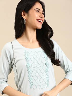 women's round neck solid blue straight kurta and trouser 1