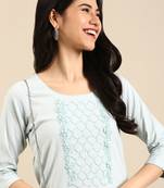 women's round neck solid blue straight kurta and trouser