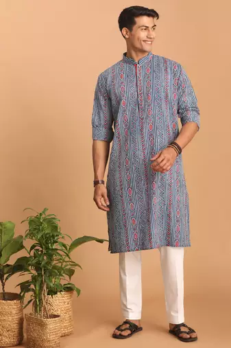 Indigo Blue White Cotton Kurta Pyjama Set