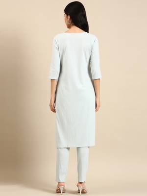women's round neck solid blue straight kurta and trouser 4