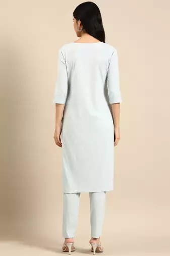 women's round neck solid blue straight kurta and trouser