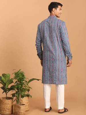 Indigo Blue White Cotton Kurta Pyjama Set 3