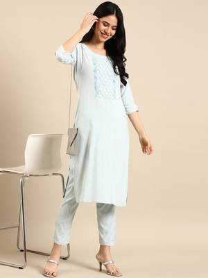 women's round neck solid blue straight kurta and trouser 5