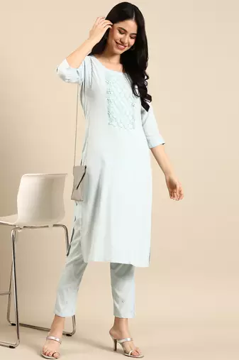 women's round neck solid blue straight kurta and trouser