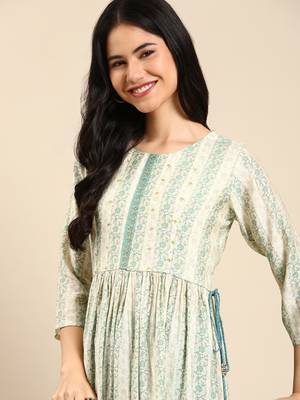 women's round neck solid cream anarkali kurta and trouser 1