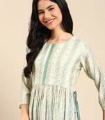women's round neck solid cream anarkali kurta and trouser