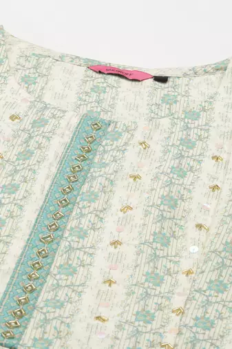 women's round neck solid cream anarkali kurta and trouser