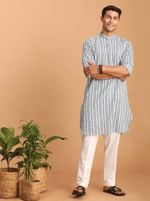 White And Blue Cotton Kurta Pyjama Set 1