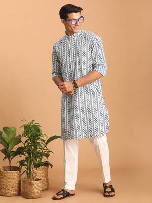 White And Blue Cotton Kurta Pyjama Set 2