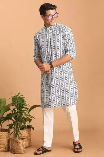 White And Blue Cotton Kurta Pyjama Set
