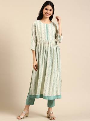 women's round neck solid cream anarkali kurta and trouser 3