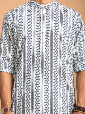 White And Blue Cotton Kurta Pyjama Set 4