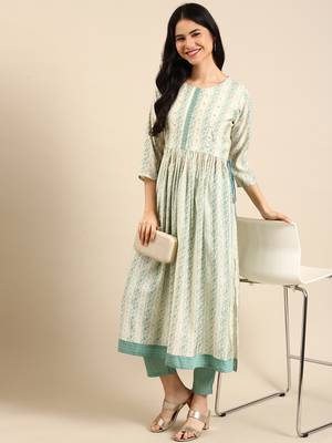 women's round neck solid cream anarkali kurta and trouser 4