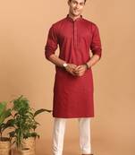 Maroon And White Cotton Blend Kurta Pyjama Set