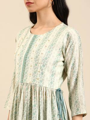 women's round neck solid cream anarkali kurta and trouser 5