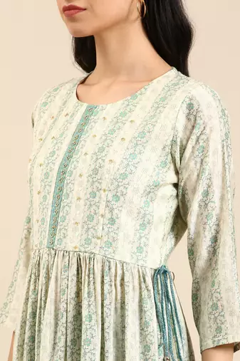 women's round neck solid cream anarkali kurta and trouser
