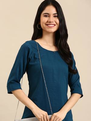 women's round neck woven design teal straight kurta and trouser 1