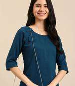 women's round neck woven design teal straight kurta and trouser