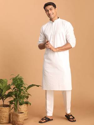 White Cotton Blend Kurta Pyjama Set 1