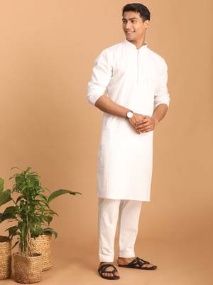 White Cotton Blend Kurta Pyjama Set 2
