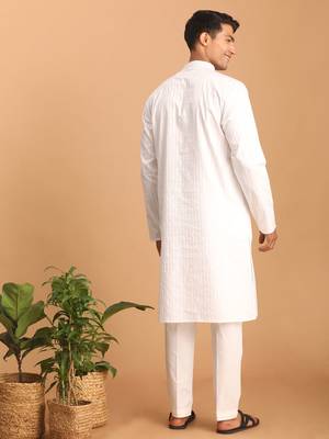 White Cotton Blend Kurta Pyjama Set 3