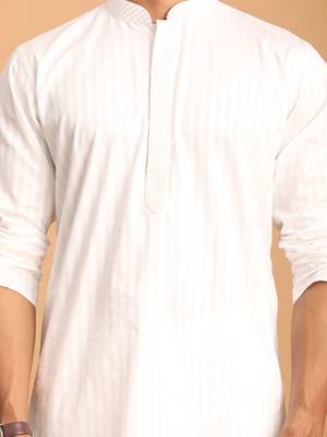 White Cotton Blend Kurta Pyjama Set 4