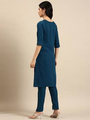 women's round neck woven design teal straight kurta and trouser 4