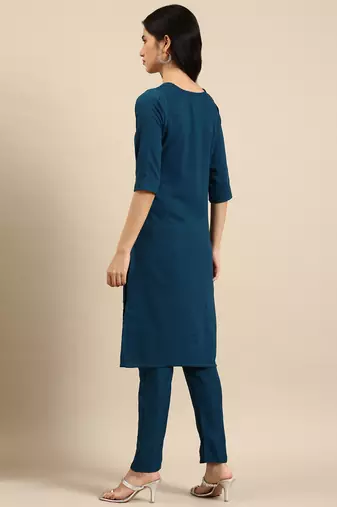 women's round neck woven design teal straight kurta and trouser