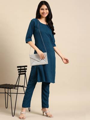 women's round neck woven design teal straight kurta and trouser 5