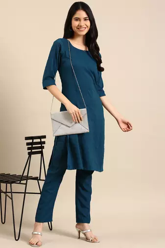 women's round neck woven design teal straight kurta and trouser