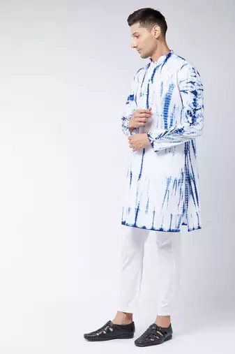 Blue And White Pure Cotton Kurta Pyjama Set