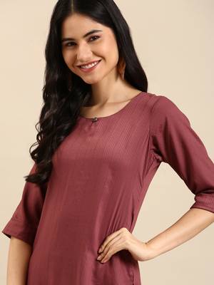 women's round neck woven design mauve straight kurta and trouser 1
