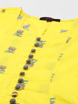 women's v-neck floral foil print yellow anarkali kurta and skirt with dupatta 2