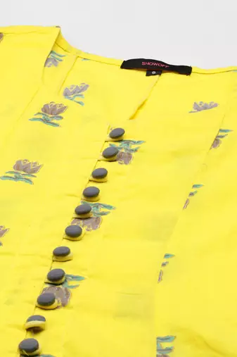 women's v-neck floral foil print yellow anarkali kurta and skirt with dupatta
