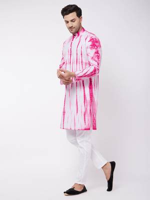 Pink And White Pure Cotton Kurta Pyjama Set 2