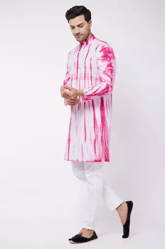 Pink And White Pure Cotton Kurta Pyjama Set
