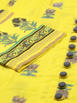 women's v-neck floral foil print yellow anarkali kurta and skirt with dupatta 3
