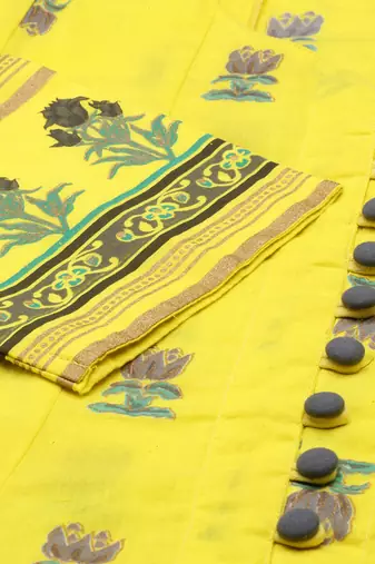 women's v-neck floral foil print yellow anarkali kurta and skirt with dupatta