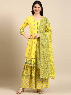 women's v-neck floral foil print yellow anarkali kurta and skirt with dupatta 4