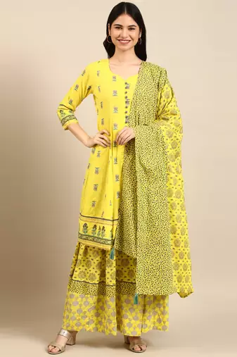 women's v-neck floral foil print yellow anarkali kurta and skirt with dupatta