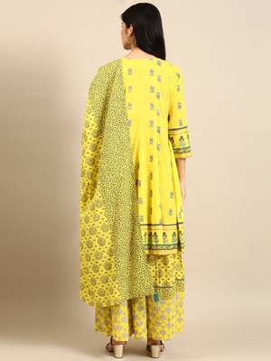 women's v-neck floral foil print yellow anarkali kurta and skirt with dupatta 5