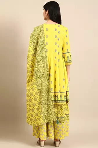 women's v-neck floral foil print yellow anarkali kurta and skirt with dupatta