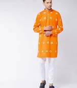 Orange And White Pure Cotton Kurta Pyjama Set