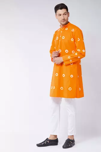 Orange And White Pure Cotton Kurta Pyjama Set