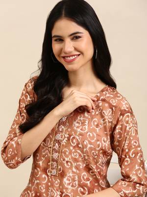 women's round neck ethnic motifs batik brown straight kurta and trouser 1
