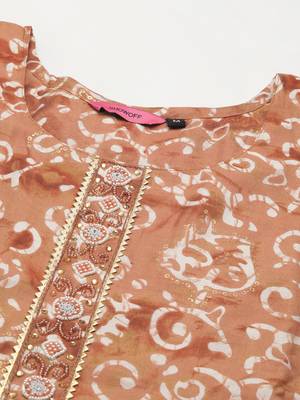 women's round neck ethnic motifs batik brown straight kurta and trouser 2