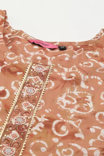 women's round neck ethnic motifs batik brown straight kurta and trouser
